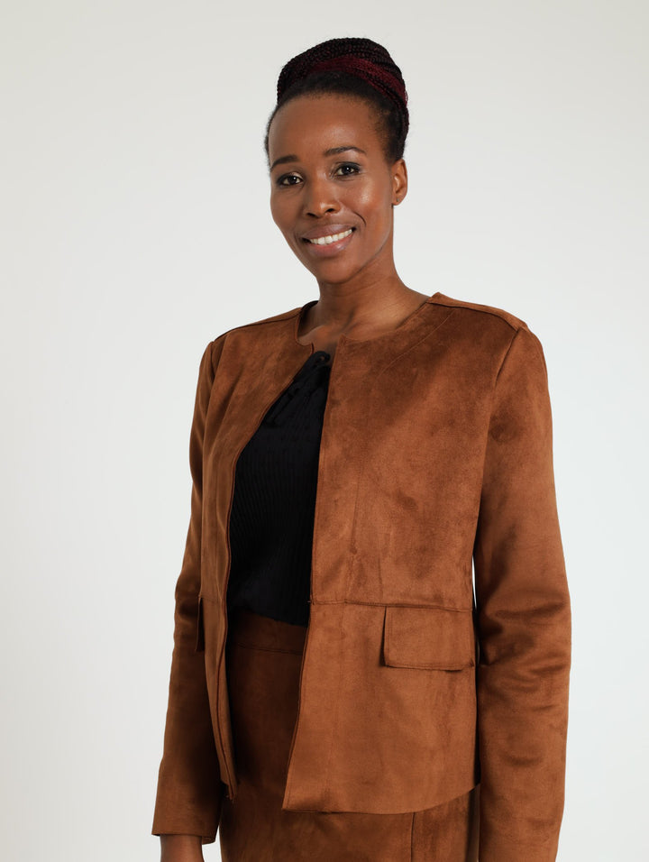 Suede Collarless Jacket - Brown