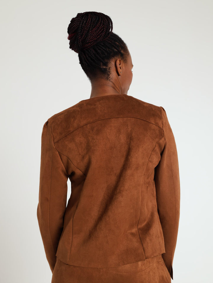 Suede Collarless Jacket - Brown