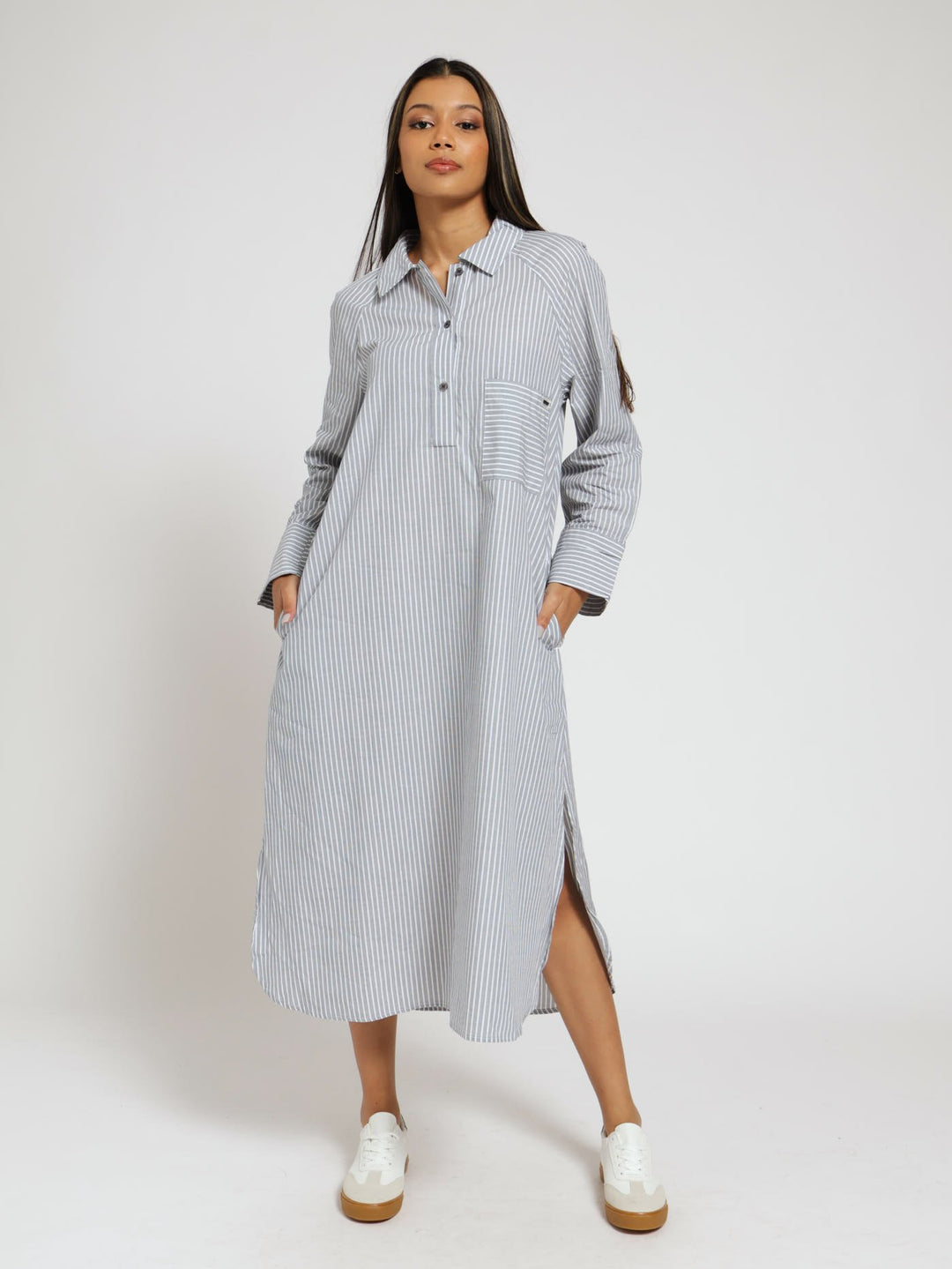 Long Sleeve Maxi Stripe Shirt Dress - Navy
