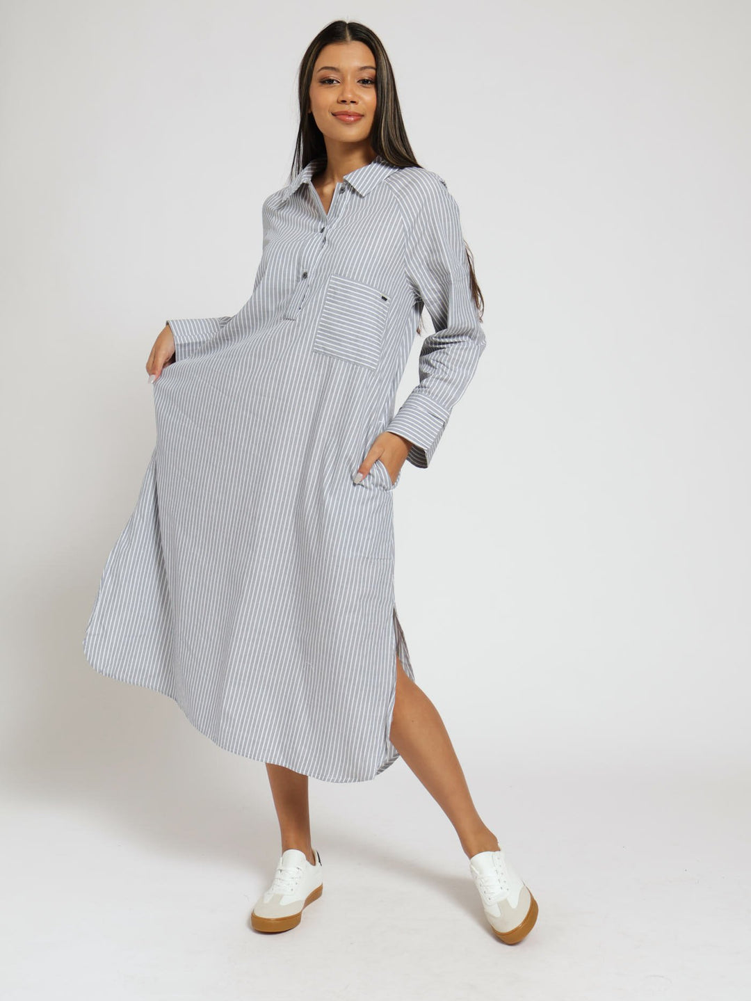 Long Sleeve Maxi Stripe Shirt Dress - Navy