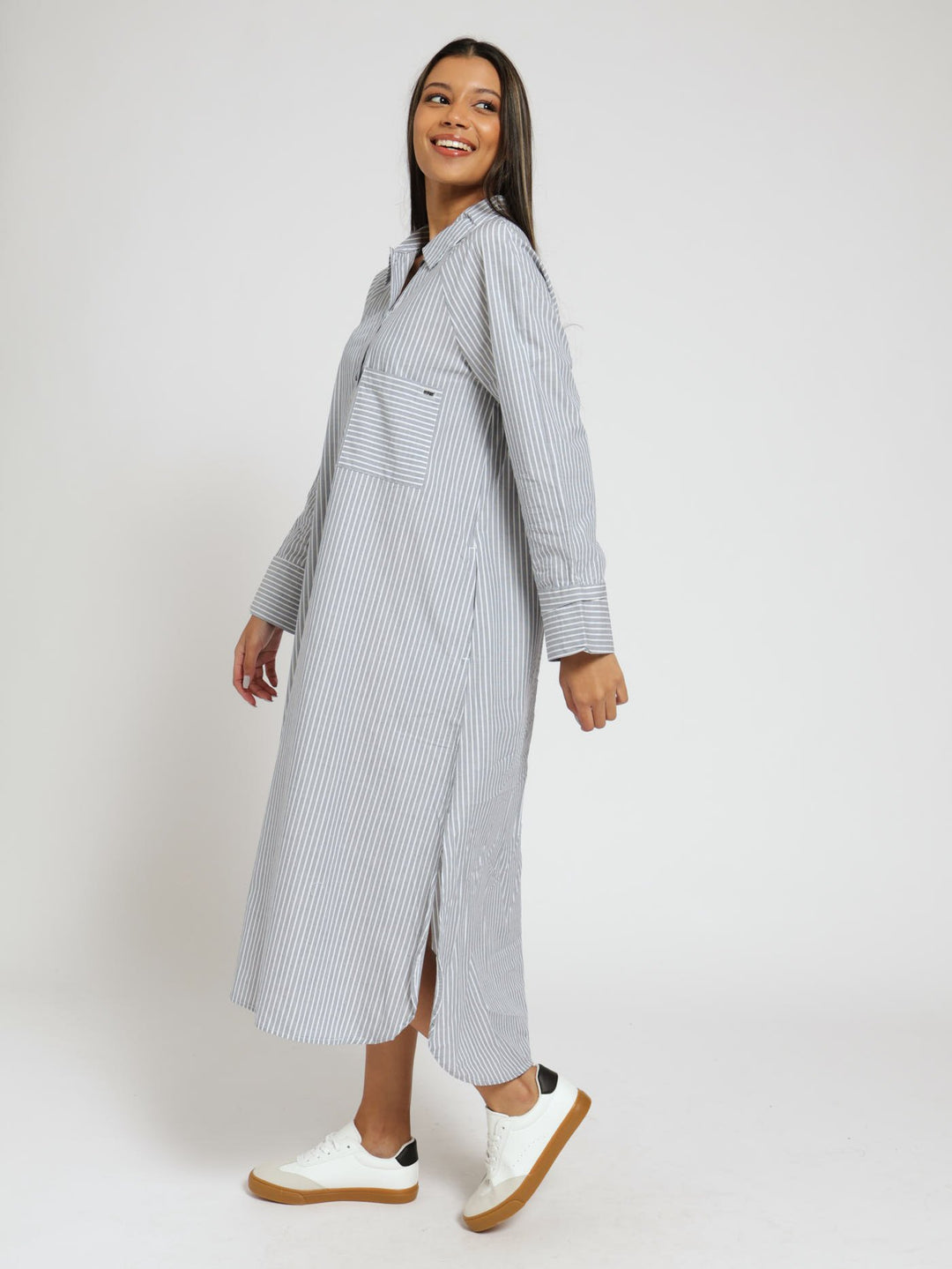 Long Sleeve Maxi Stripe Shirt Dress - Navy