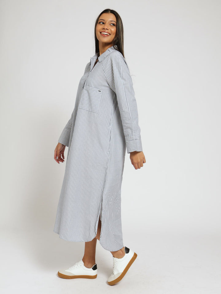 Long Sleeve Maxi Stripe Shirt Dress - Navy