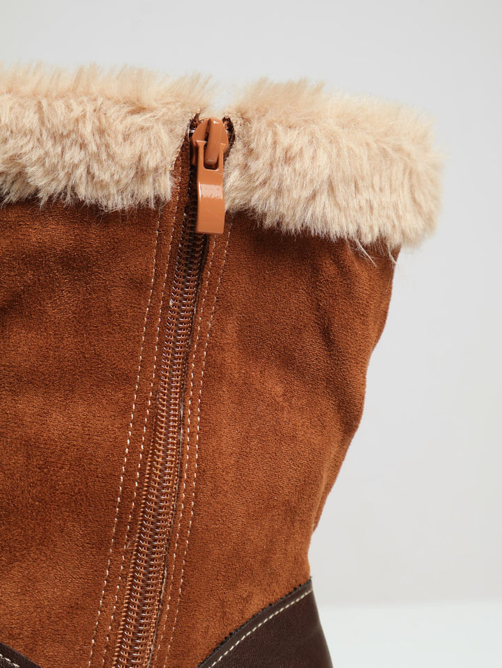 Fur Lined Multi Fabric Cleated Sole Boots - Brown