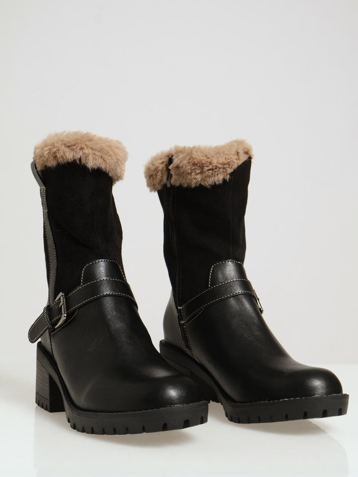 Fur Lined Multi Fabric Cleated Sole Boots - Black