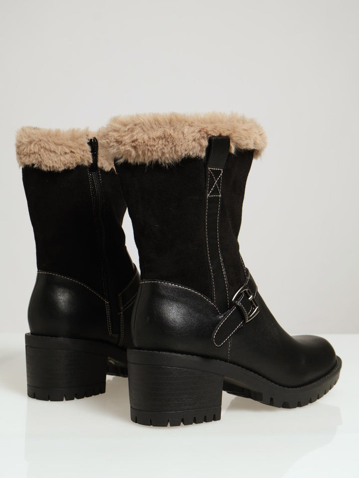 Fur Lined Multi Fabric Cleated Sole Boots - Black