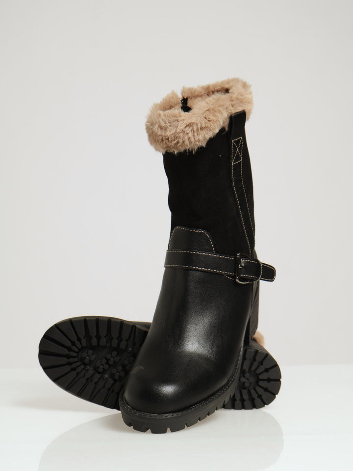 Fur Lined Multi Fabric Cleated Sole Boots - Black
