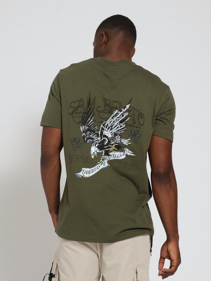 San Beneto Eagle Front & Back Print Tee - Light Fatigue