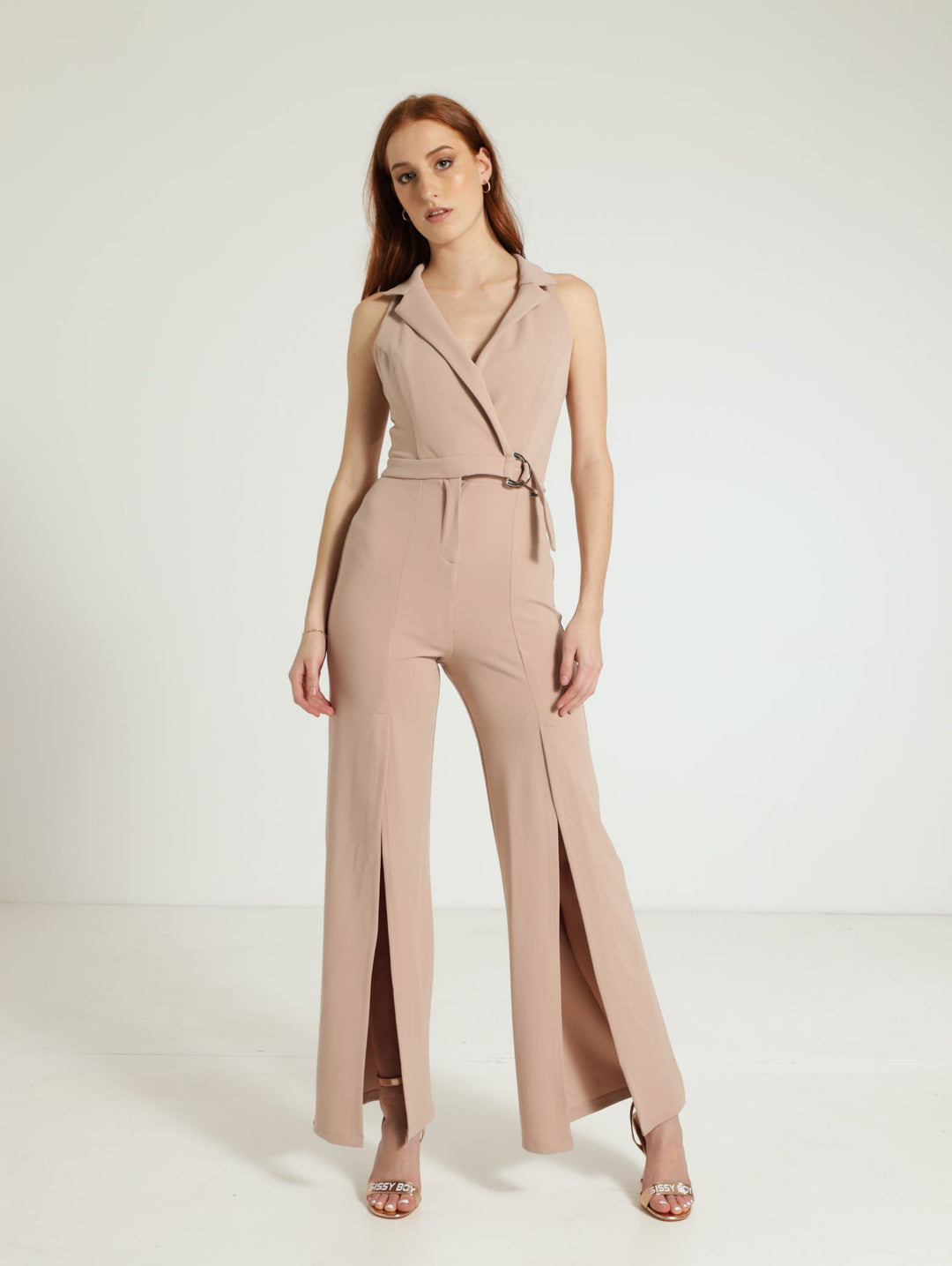 Collared Sleeveless Jumpsuit With Front Cutout - Stone