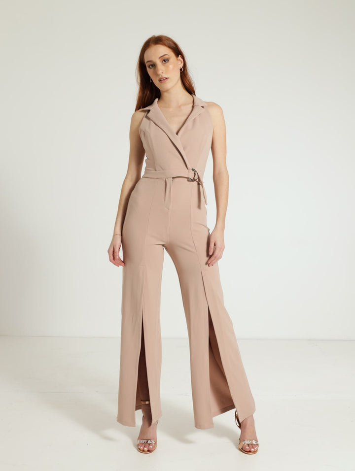 Collared Sleeveless Jumpsuit With Front Cutout - Stone
