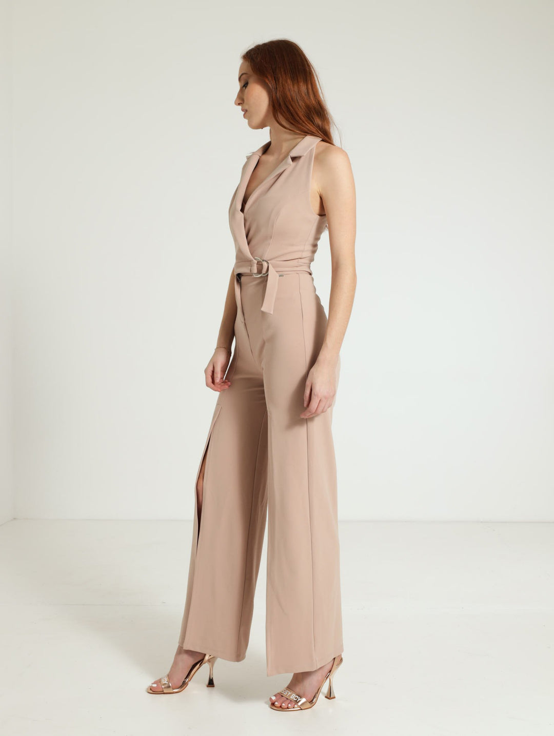 Collared Sleeveless Jumpsuit With Front Cutout - Stone