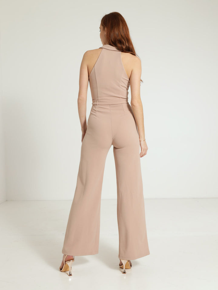 Collared Sleeveless Jumpsuit With Front Cutout - Stone