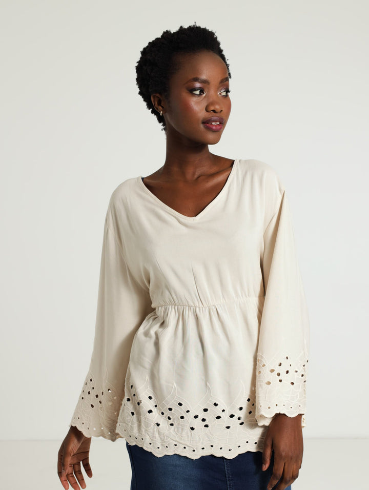 3/4 Sleeve V-Neck Boho Top - Light Stone