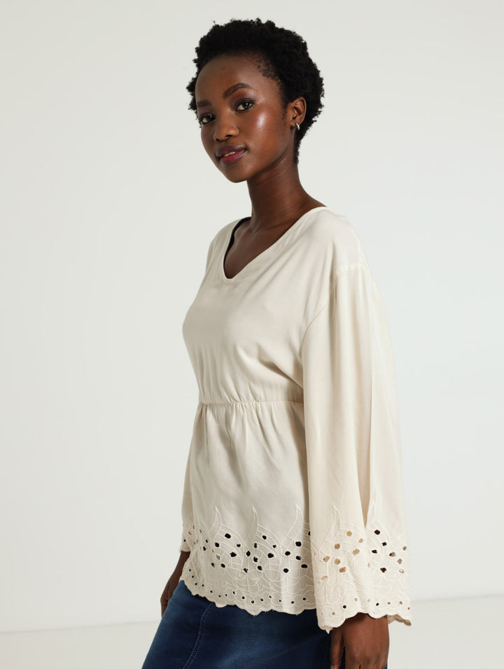 3/4 Sleeve V-Neck Boho Top - Light Stone