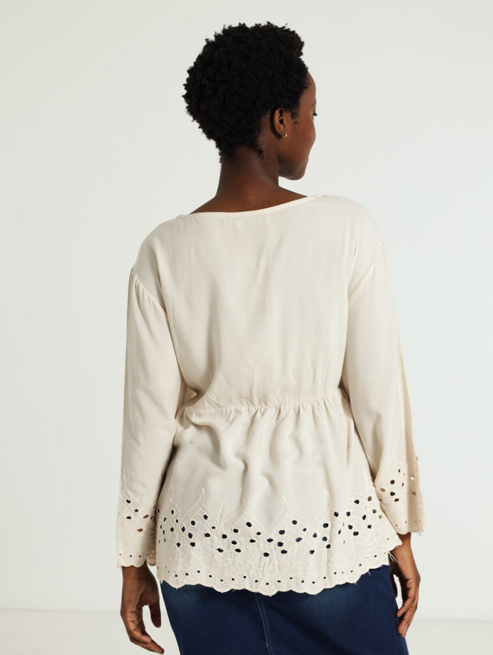 3/4 Sleeve V-Neck Boho Top - Light Stone