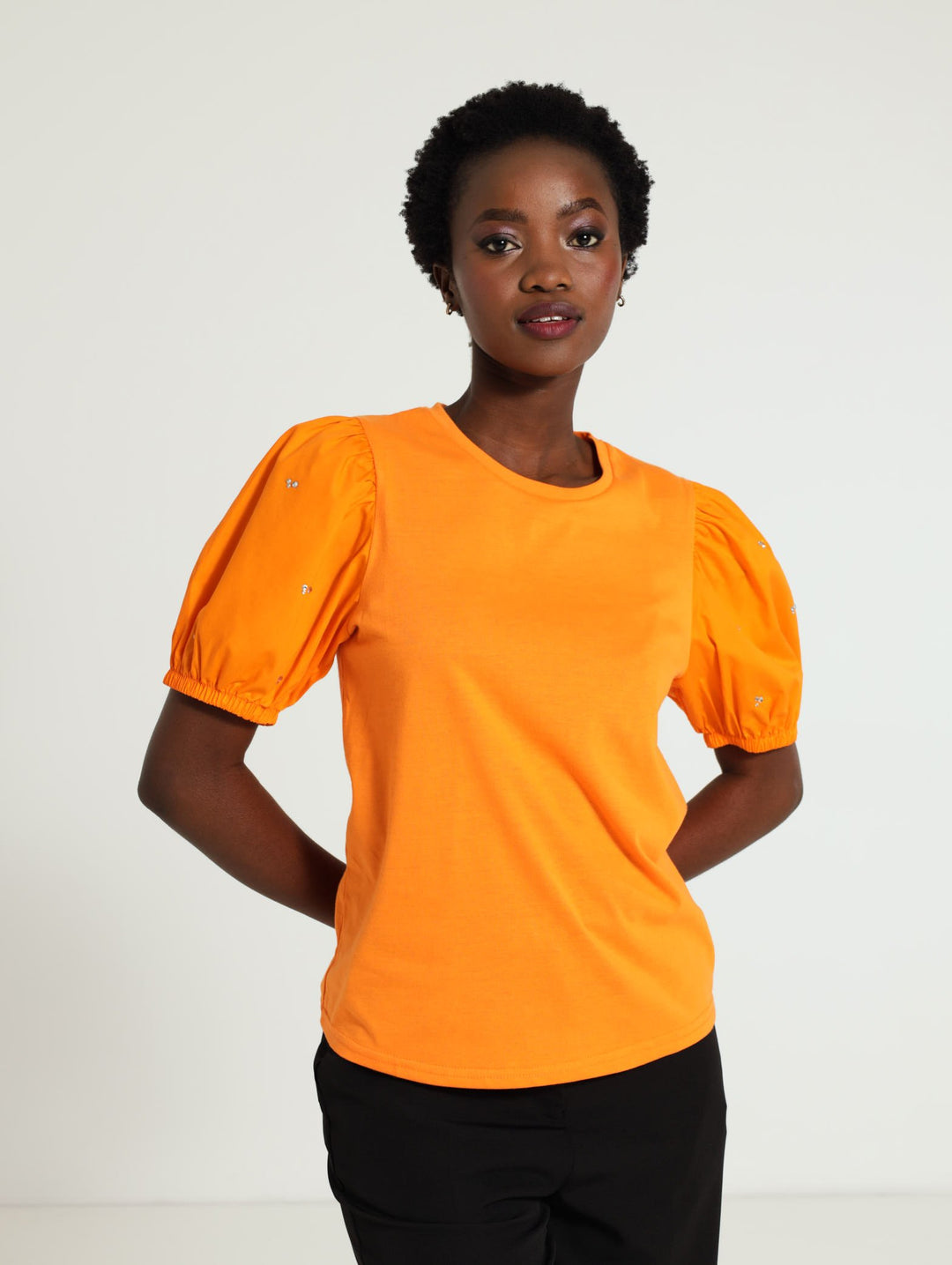 Ladies Diamante Puff Sleeve Tee Bright Orange – Edgars