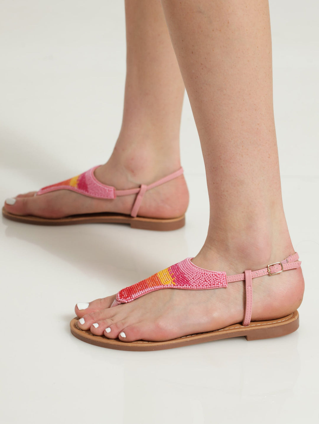 Beaded Thick Slingback Thong Flat Sandal - Pink