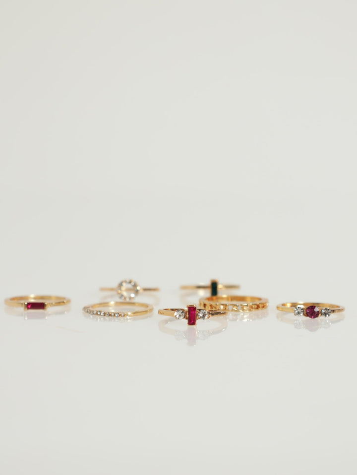 8 Pack Diamante And Geometric Ring Pack - Gold