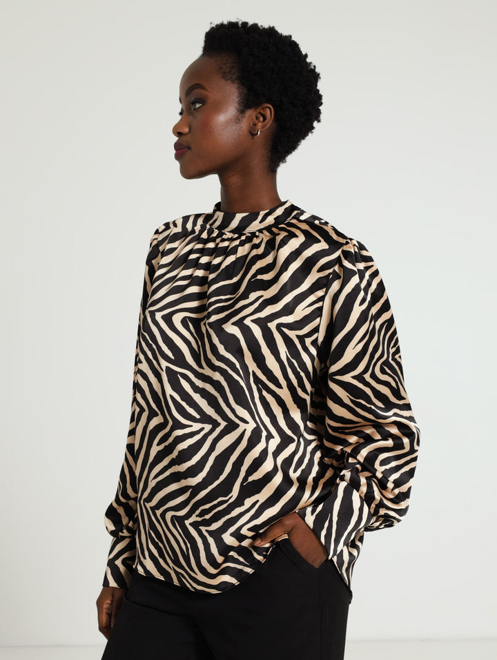 Zebra Satin Blouse - Black/Beige