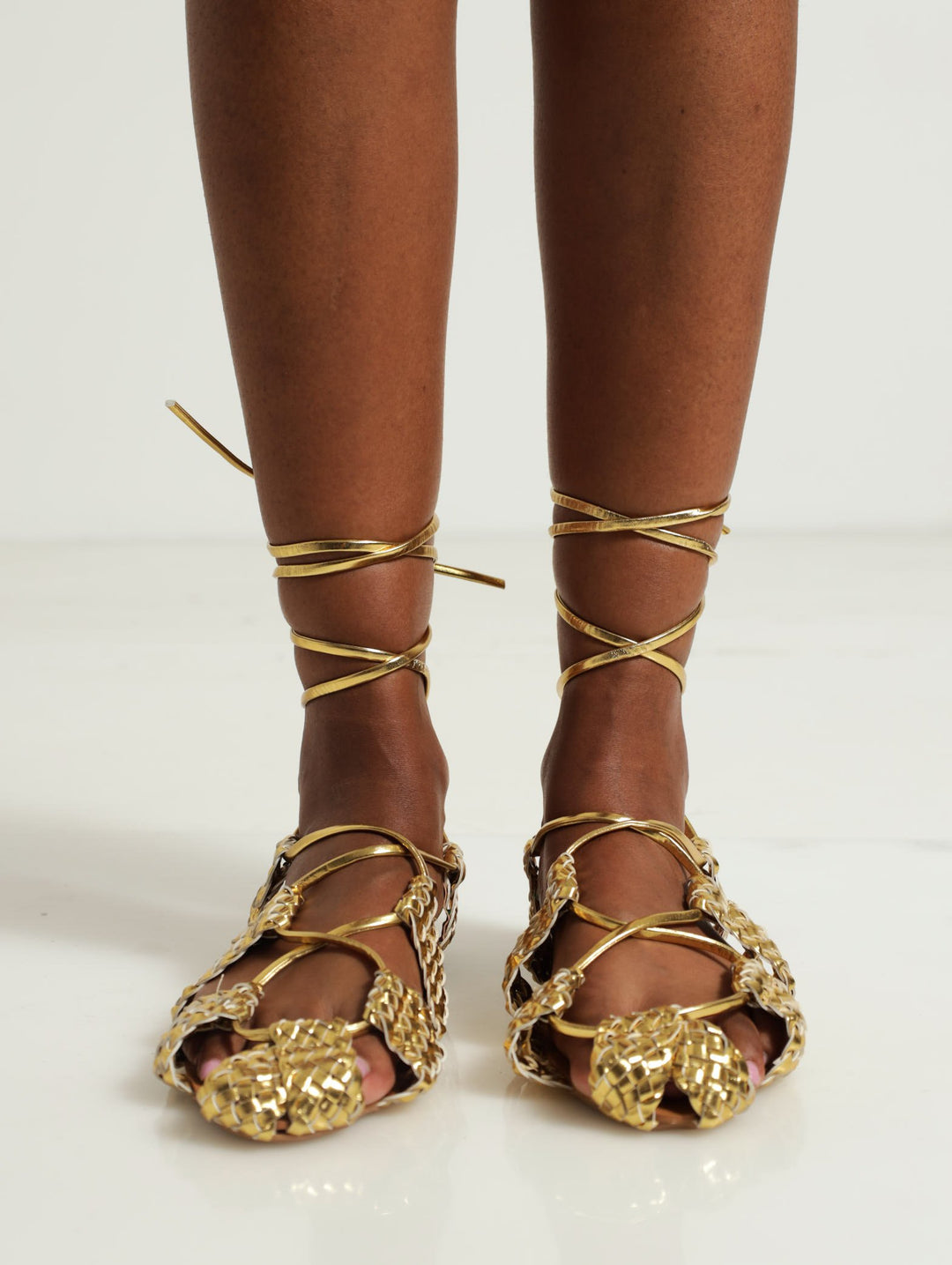 Weave Strap Lace-Up Sandals - Gold