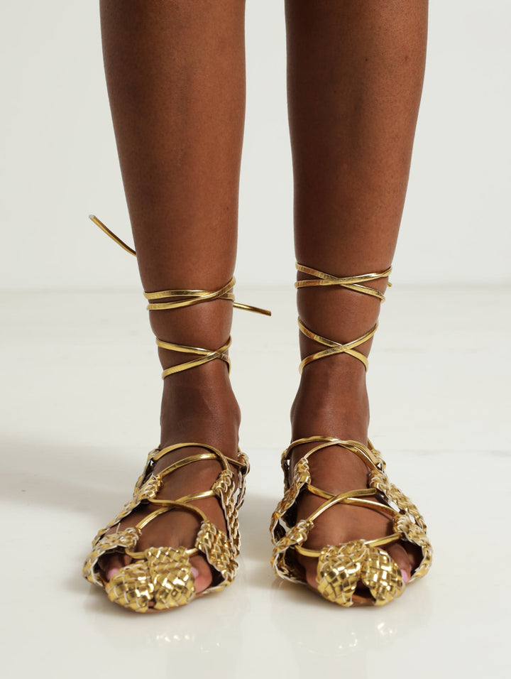 Weave Strap Lace-Up Sandals - Gold