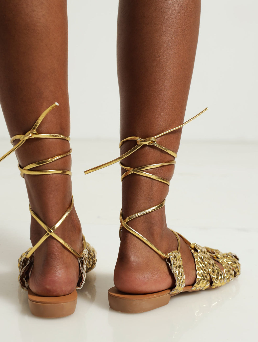 Weave Strap Lace-Up Sandals - Gold