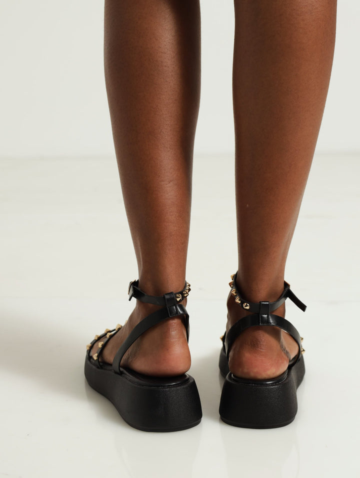 Studded 2 Strap Chunky Ankle Strap Sandals - Black