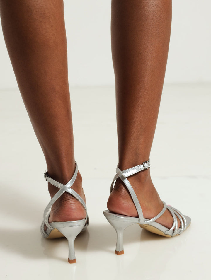 Mutli Strap Square Toe Kitten Heel - Silver