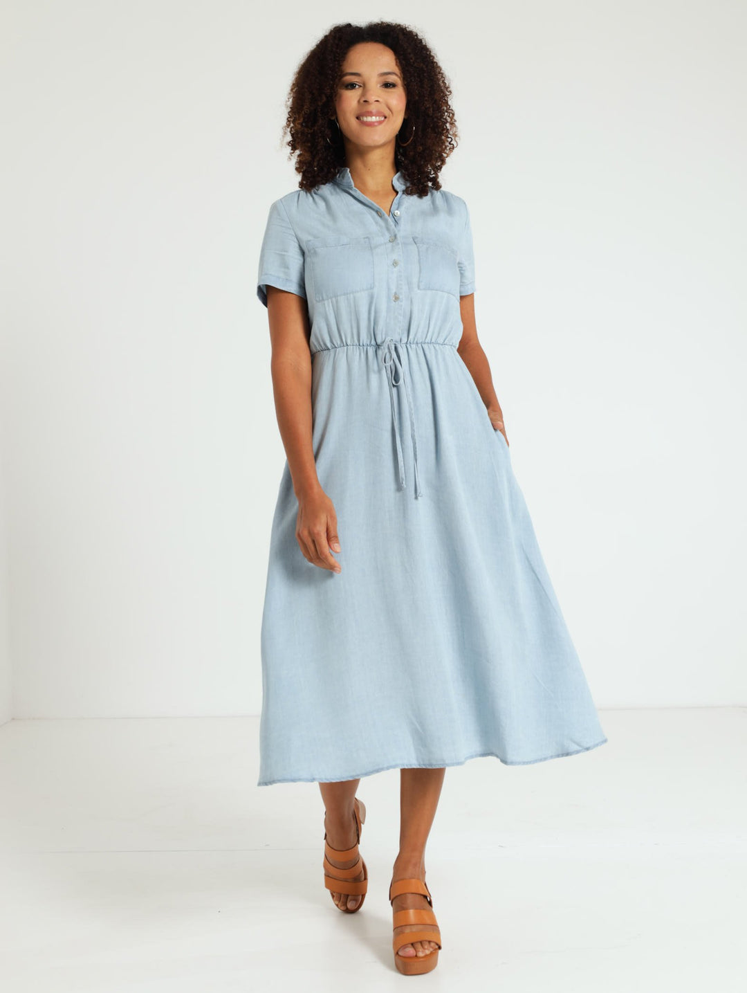 Tencel Mandarin Collar Dress - Blue