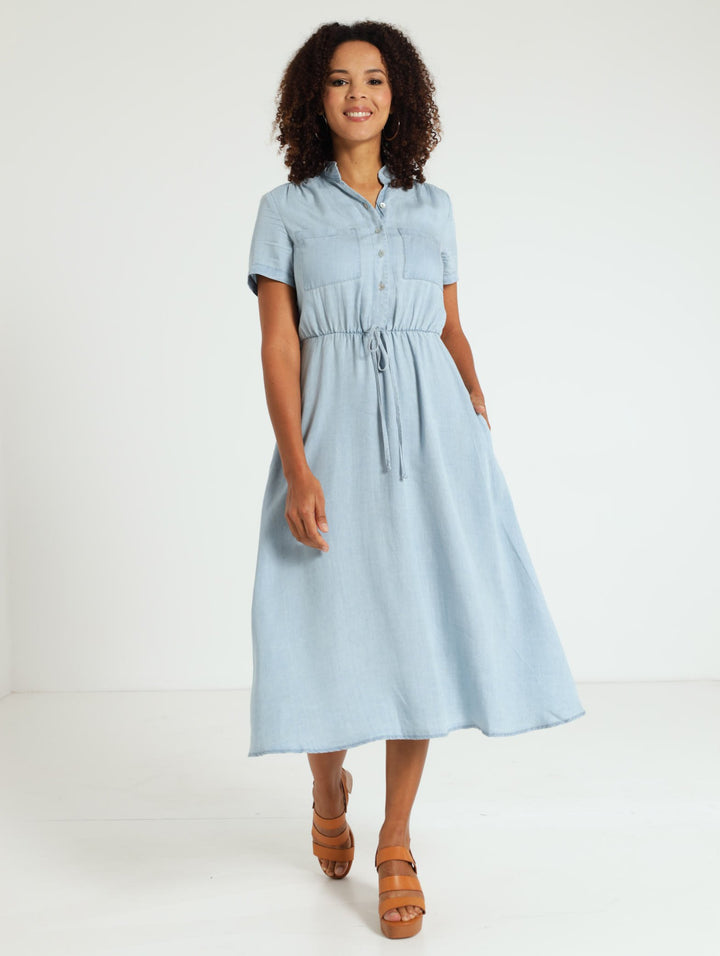 Tencel Mandarin Collar Dress - Blue