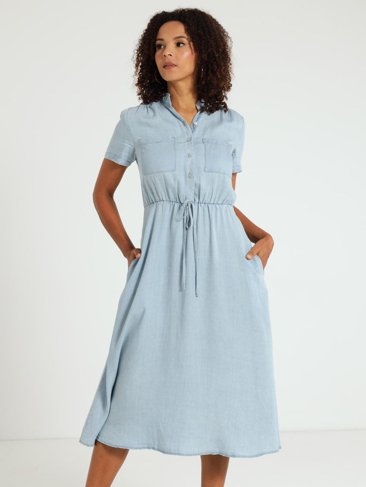 Tencel Mandarin Collar Dress - Blue