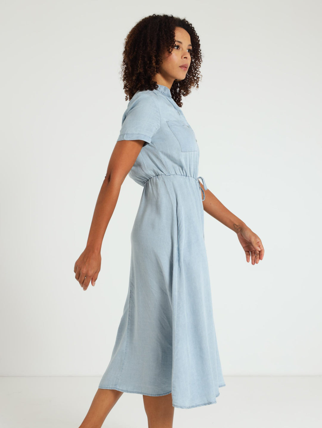 Tencel Mandarin Collar Dress - Blue