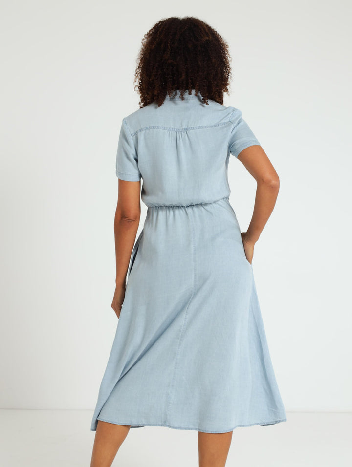 Tencel Mandarin Collar Dress - Blue