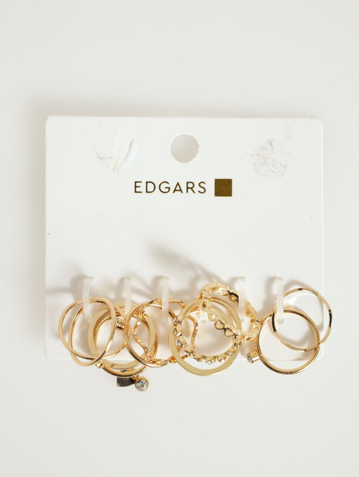 10 Pack Thin Diamante & Pattern Rings - Gold