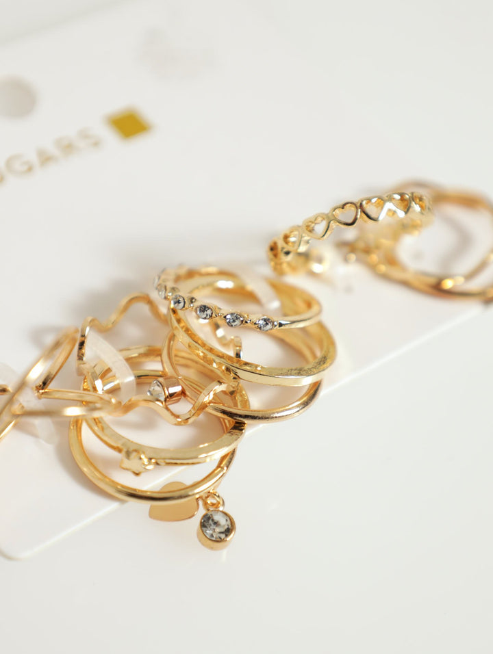 10 Pack Thin Diamante & Pattern Rings - Gold