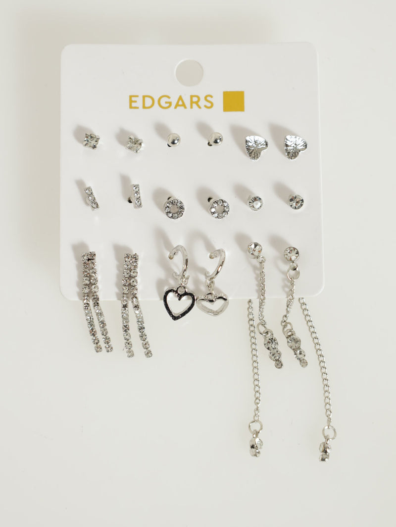 9 Pack Heart And Hanging Diamante Earrings - Silver