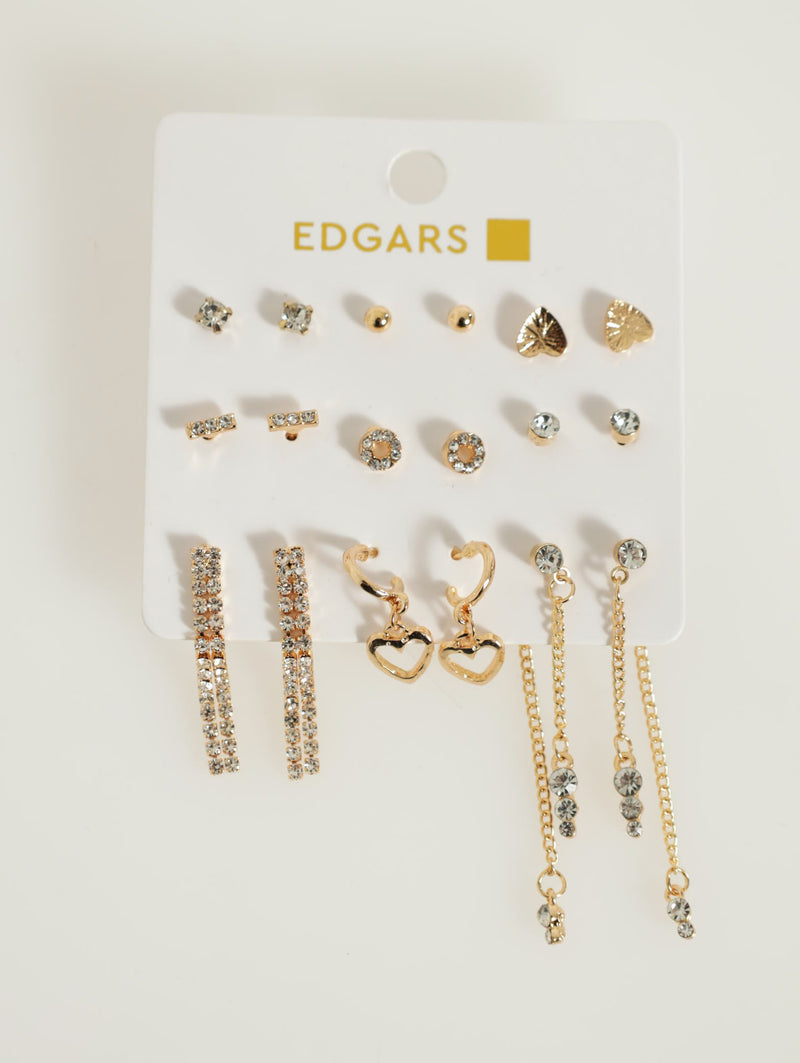 9 Pack Heart And Hanging Diamante Earrings - Gold