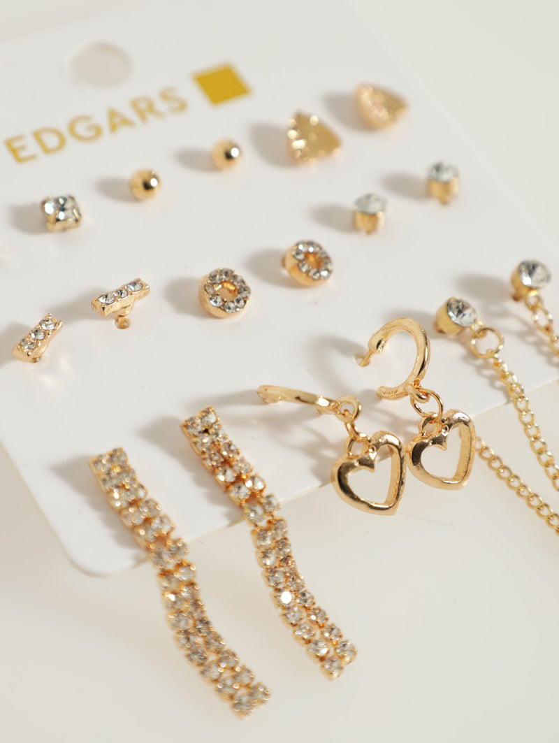 9 Pack Heart And Hanging Diamante Earrings - Gold