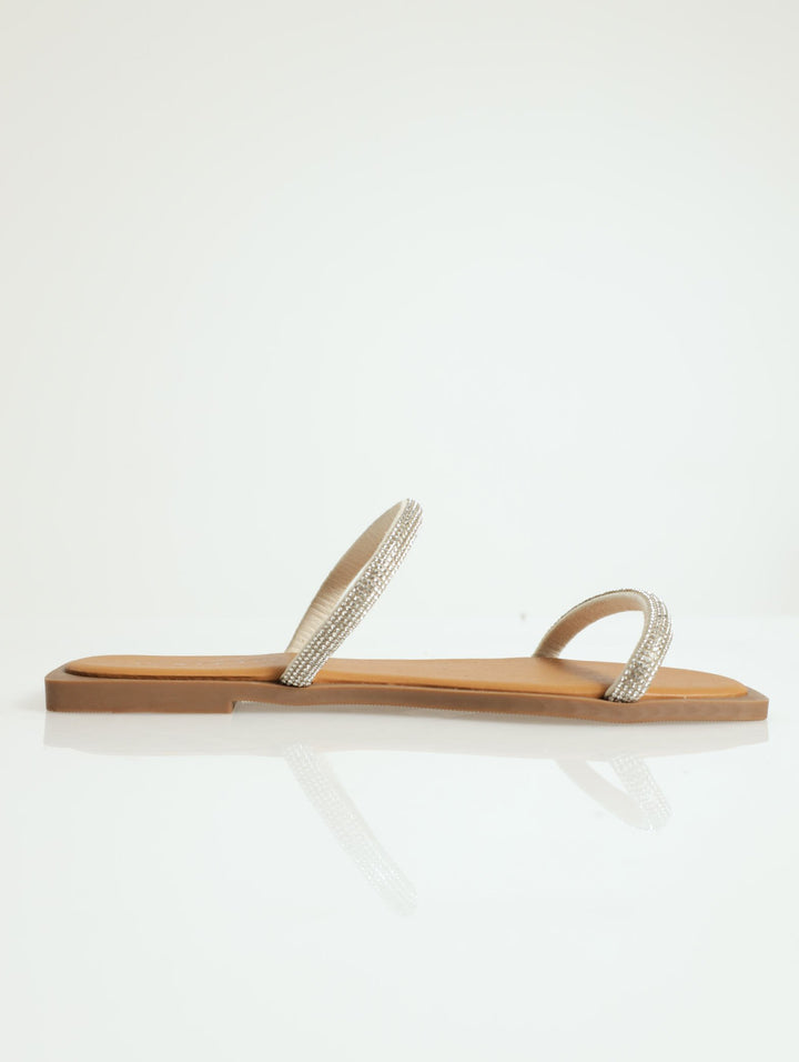 Mid Block Heel With Rhinestone Detail - Beige