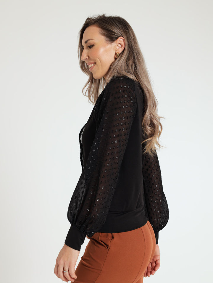 Kitty Bow Tie Combo Blouse - Black