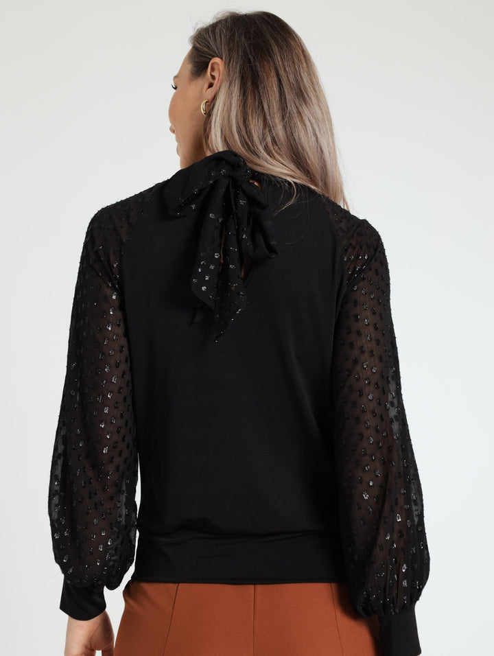 Kitty Bow Tie Combo Blouse - Black