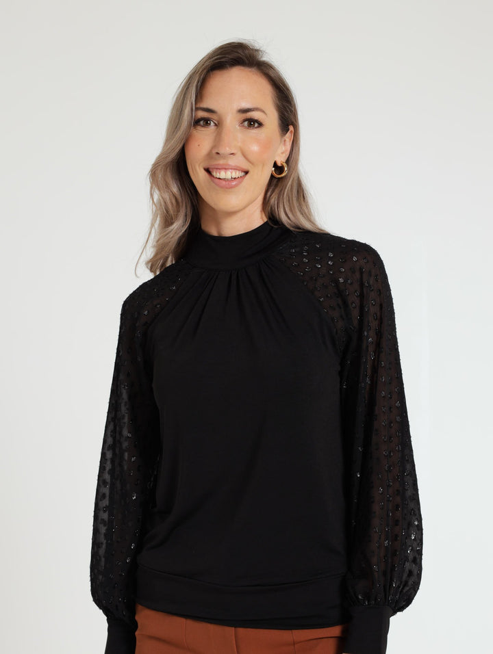 Kitty Bow Tie Combo Blouse - Black