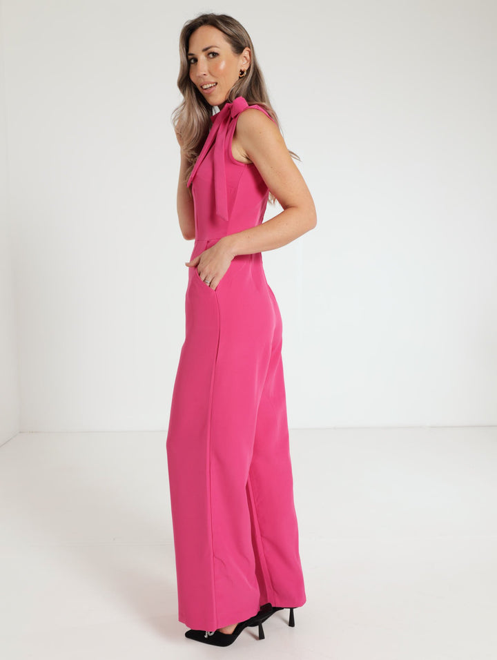 Ladies Tie Neck Jumpsuit - Pink