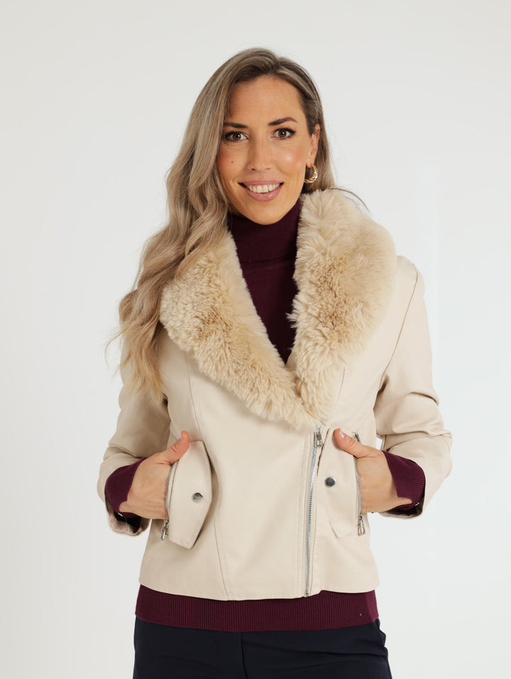 Fur Collar Biker Jacket - Beige
