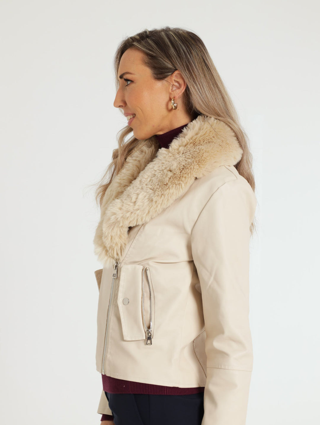 Fur Collar Biker Jacket - Beige