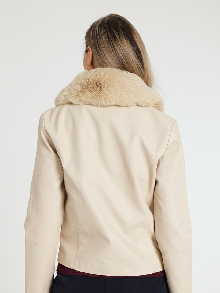 Fur Collar Biker Jacket - Beige