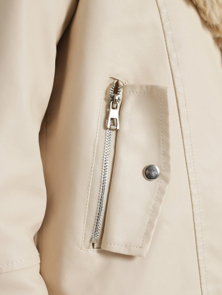 Fur Collar Biker Jacket - Beige