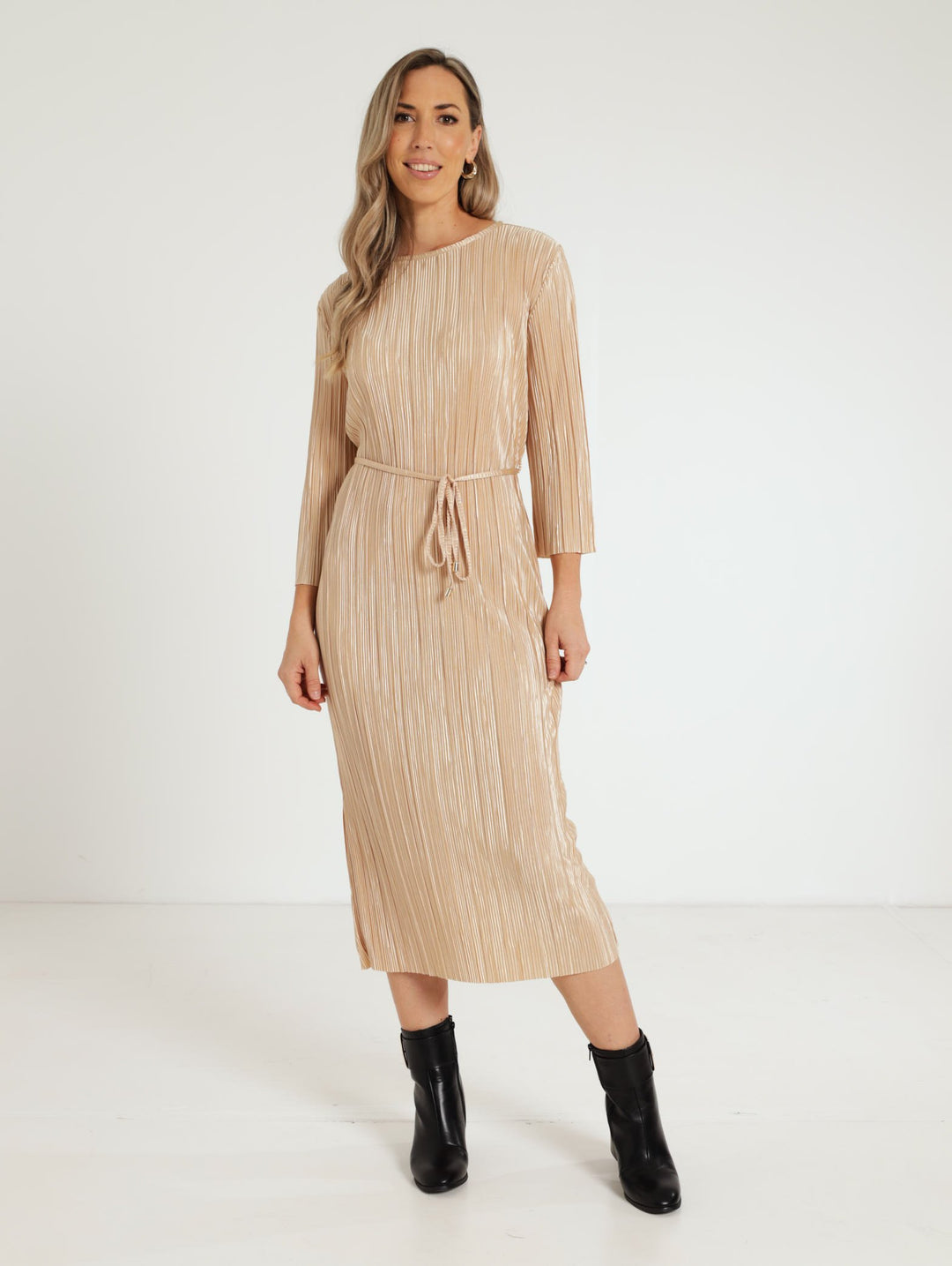 Plisse Midi Dress - Champagne