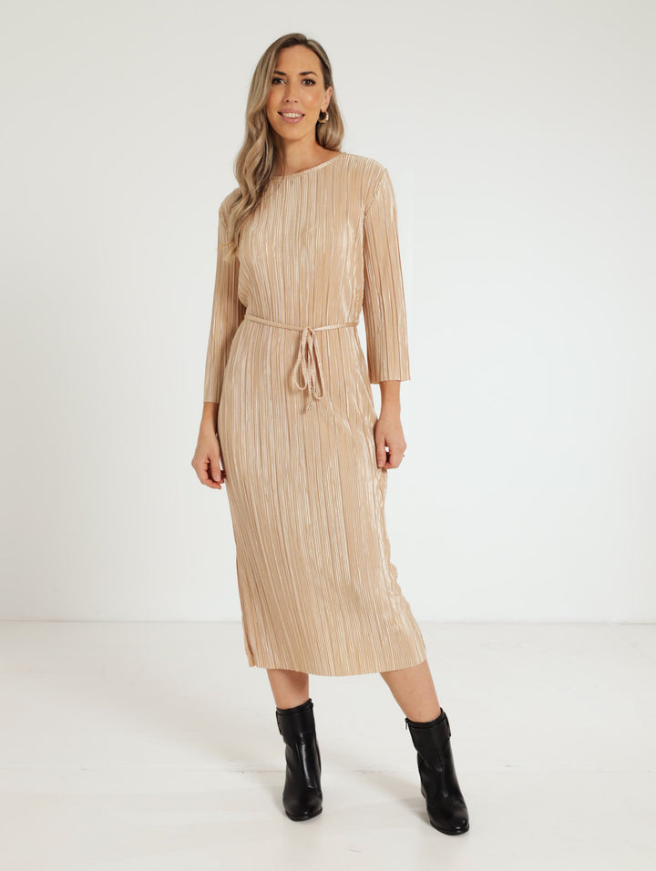Plisse Midi Dress - Champagne