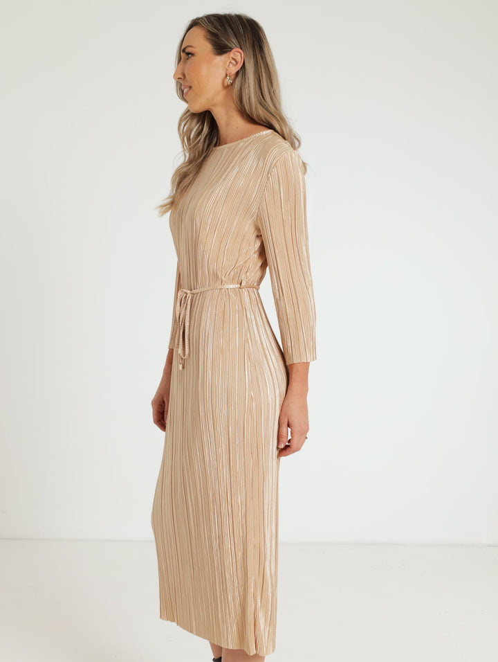 Plisse Midi Dress - Champagne