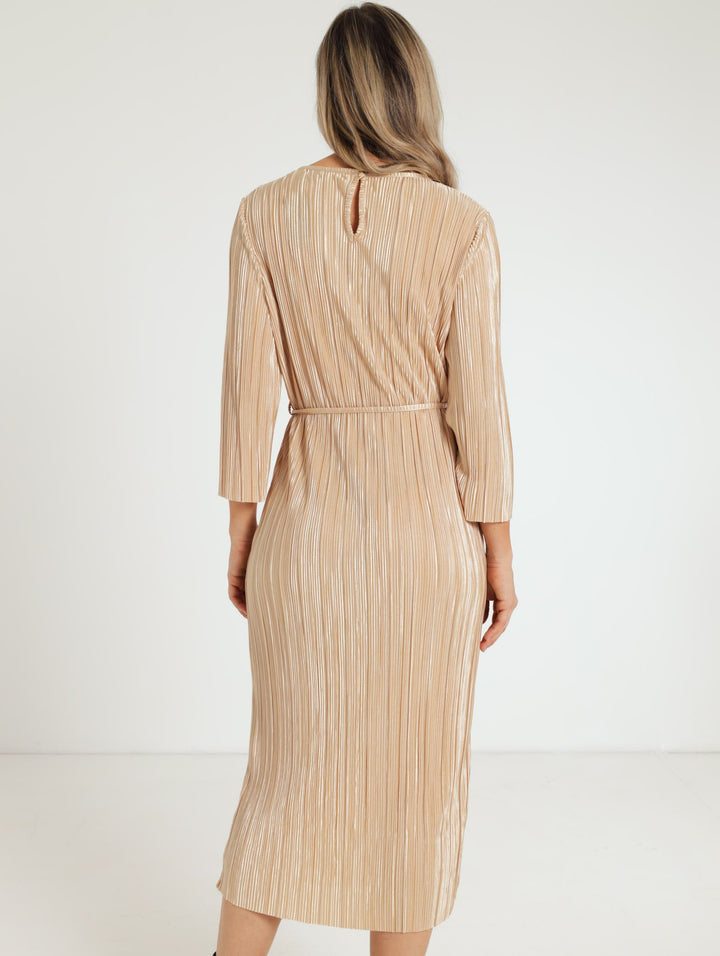 Plisse Midi Dress - Champagne